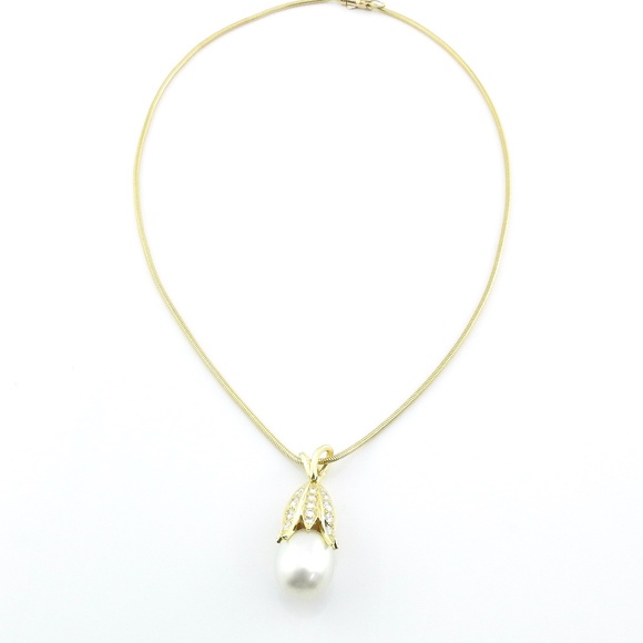 Vintage 18K Yellow Gold Pearl and Diamond Bell Flower Pendant Necklace #1469 - Picture 1 of 9